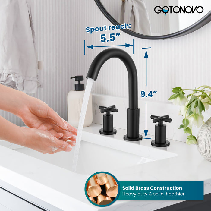 gotonovo 3 Hole Bathroom Faucet 8 inch Widespread Sink Vanity Faucet for Bathroom Sink 2 Cross Handle Deck Mount Basin with Pop Up Drain 360° Swivel Spout