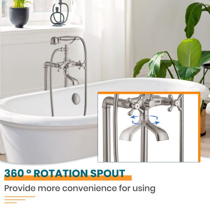 gotonovo Free Standing Tub Faucet,Brass Handheld Spray,Clawfoot Freestanding Bathtub Faucet,Vintage Floor Mount High Flow Tub Filler with Double Cross Handles,360°Rotation Spout