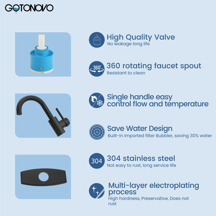 gotonovo Bar Sink Faucet Single Hole Bathroom Kitchen Small RV Sink Faucet Deck Mount SUS304 Lavatory Mixer Tap Single Handle One Hole 360 Degree Swivel Spout Lavatory Sink Faucet