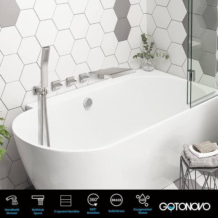 gotonovo Waterfall Tub Filler with Handheld Spray 3 Lever Handle Bathroom High Flow Rate Wall Mounted 2 Function Shower Faucet Set with Rough-in Shower Trim Kit Hot and Cold Mixer