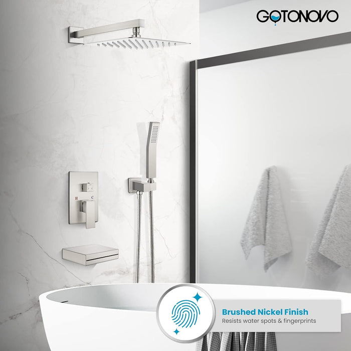 gotonovo Rain Mixer Shower Faucet Set Brushed Nickel Waterfall Tub Spout with Square Rainfall Shower Head and Handheld Spray Wall Mounted High Pressure Rough-in Valve and Trim Included