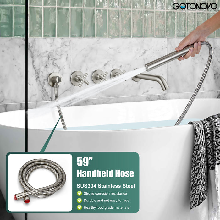 gotonovo Wall Mount Bathtub Faucet Bathroom Tub Filler Faucet with Handheld Shower High Flow Bathtub Spout with 3 Handles Shower Trim kit Hand Held Sprayer 2 Function Bath Fixtures