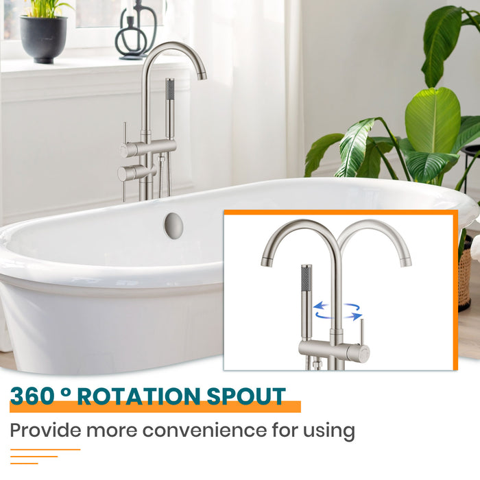 gotonovo Freestanding Tub Faucets Floor Mount Tub Filler, High Flow Free Standing Bathtub Faucet Stand Alone with Handheld Shower and Rough-in Valve,360° Swivel High-Arc Spout,SUS304