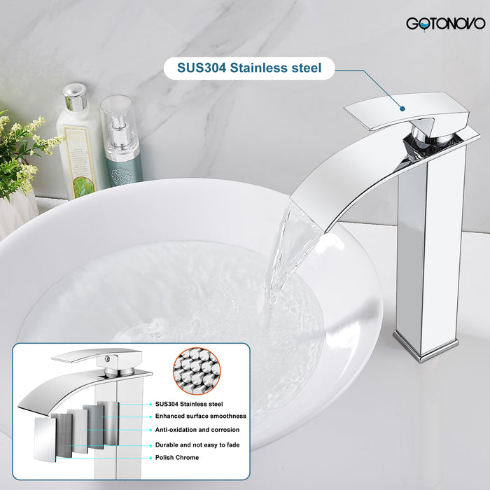 gotonovo Waterfall Bathroom Bowl Vessel Sink Tall Faucet1 Hole Single Handle Lavatory Vanities Mixer Tap Deck Mount with Large Rectangular Spout