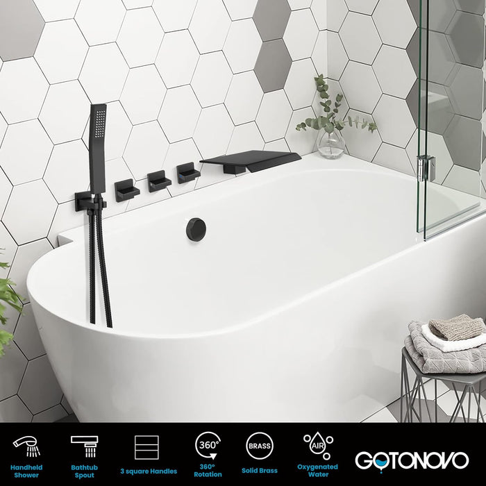 gotonovo Waterfall Tub Filler with Handheld Spray 3 Lever Handle Bathroom High Flow Rate Wall Mounted 2 Function Shower Faucet Set with Rough-in Shower Trim Kit Hot and Cold Mixer