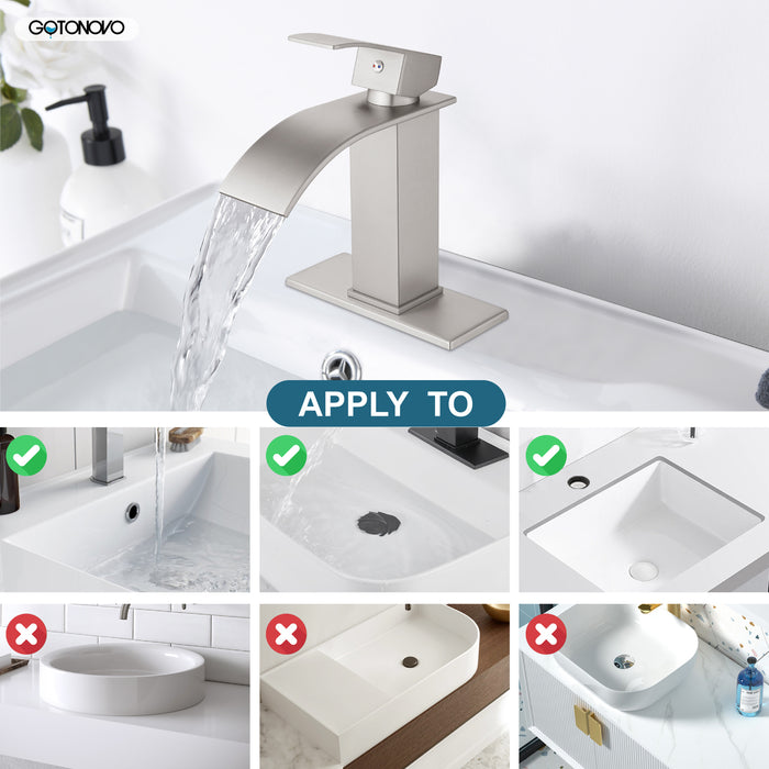 gotonovo Waterfall Bathroom Sink Faucet Single Hole 1 Handle Lavatory Vanity Faucet with Deck Plate Deck Mount Hot & Cold Water Mixer Tap