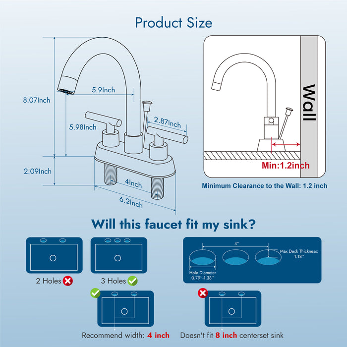 4 Inch Centerset Bathroom Faucets with Lift Rod Drain Stopper Bathroom Sink Faucet 3 Holes Dual Handle Vanity Faucet 360° Swivel Spout Lavatory RV Faucet Mixer Tap