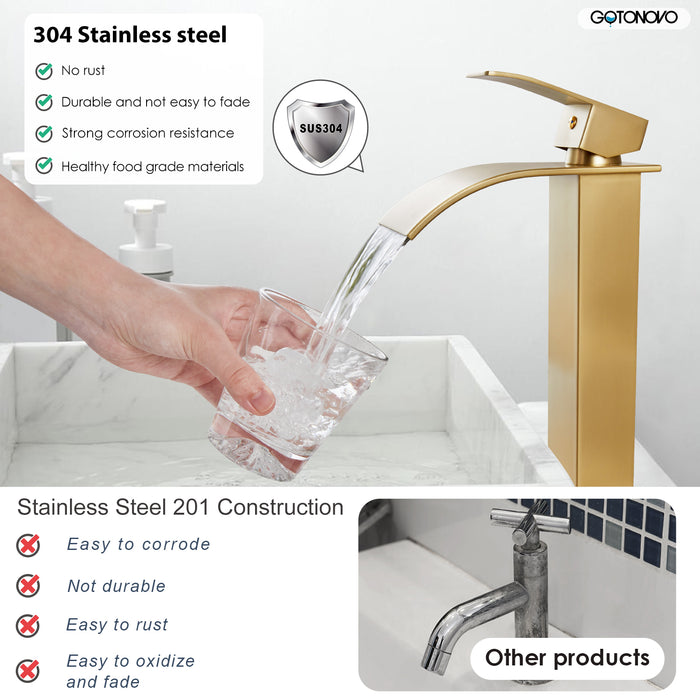 gotonovo Vessl Sink Tall Faucet Waterfall Bathroom Bowl Single Handle Single Hole Spout Sink Faucet Deck Mount with Large Rectangular Lavatory Vanities