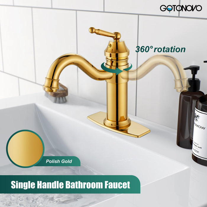 gotonovo Bathroom Sink Faucet Brass One Hole Single Handle Lavatory Fixture Deck Mounted Vanity Vessel Mixer Tap Pop Up Drain Included Hot and Cold Water