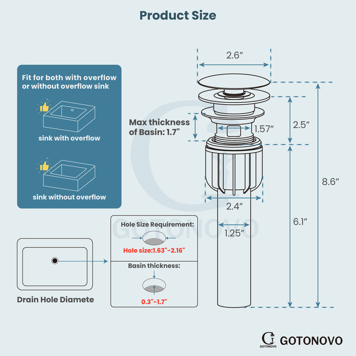 gotonovo ABS Pop Up Bathroom Sink Drain Pop Up Drain Built-in Anti Clog Strainer Container Drain Assembly Vessel Lavatory Vanity Pop Up Drain Stopper for Bathroom Vessel or Vanity Sink