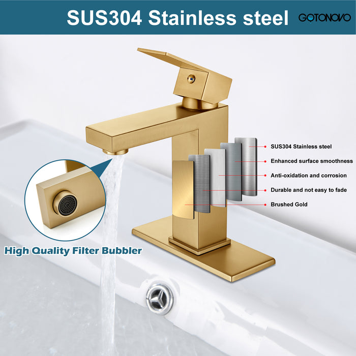 gotonovo Bathroom Sink Faucet Single Handle 1 Hole One Lever Stainless Steel SUS304 Commercial Deck Mount Lavatory Mixer Tap Include Pop Up Drain and Cover Plate