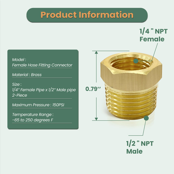 Brass Pipe Fitting 1/4 Inch Female Pipe 1/2 Inch Male Reducer Adapter Air Hose Adapter Metal Pipe Adapter 2 Pack