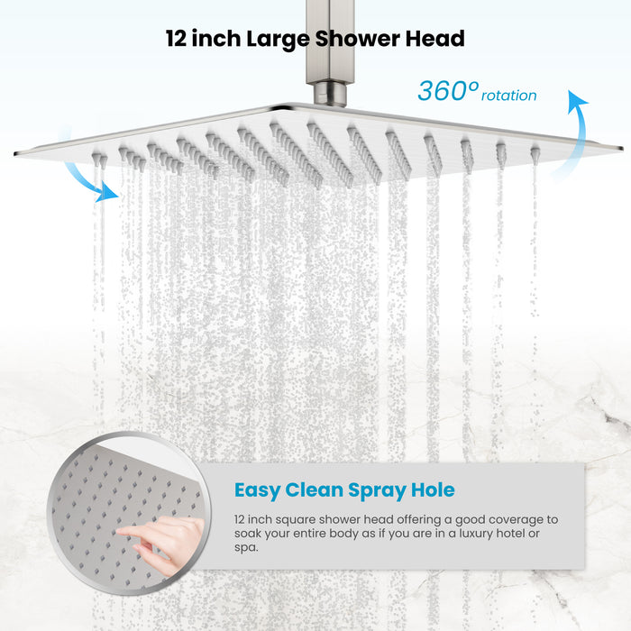 gotonovo 12 Inch Rain Mixer Shower Faucet Set with Waterfall Tub Spout Ceiling Mount with Handheld Spray Pressure Balance Rough-in Valve and Trim Included