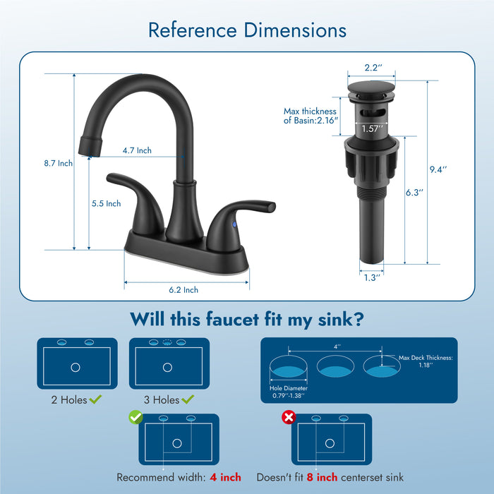 4 Inch Bathroom Sink Faucet 2 Handle Bathroom Faucet 360° Swivel Spout Deck Mounted Vanity Faucet with Water Supply Hoses with Pop up Drain