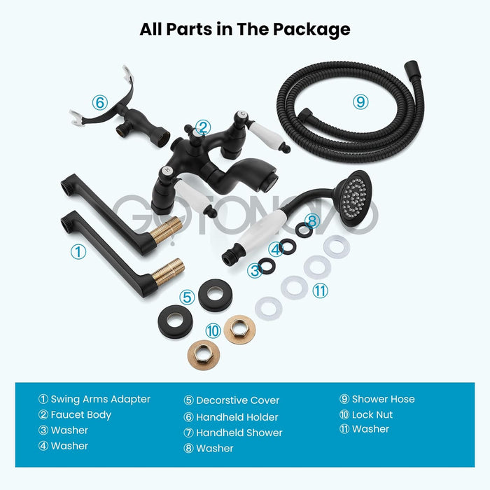 gotonovo Clawfoot Bathtub Shower Faucet Wall Mount with Hand Held Shower Sprayer Bathtub Faucet Set Double Level Handle 6 Inch Center with Lengthen Adapter Adjustable Swing Arms