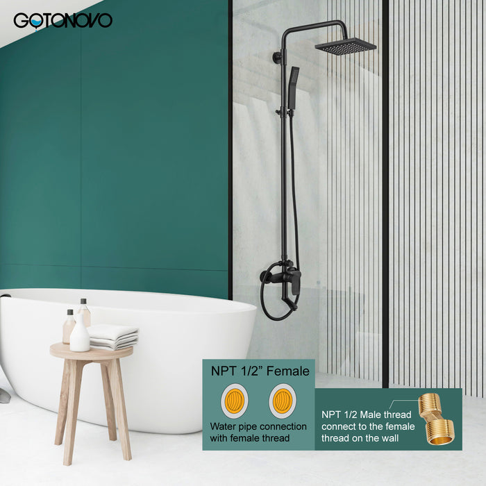 gotonovo Wall Mount Exposed Shower Kit Bathroom Shower Faucet Spout 8” Square Swivel Rainfall Shower Head with Handheld Spray Tub Filler Adjustable Complete System