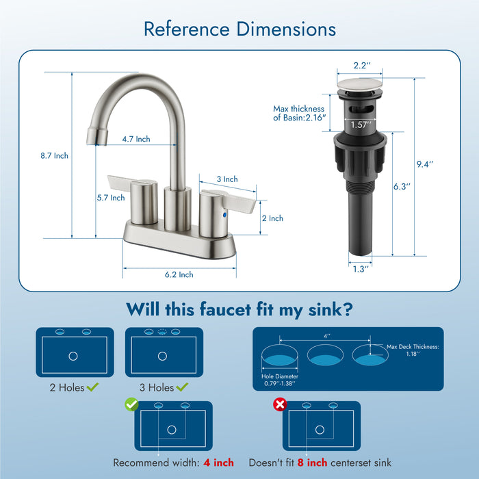 Bathroom Faucet 2 Handle Centerset Bathroom Sink Faucet 4 Inch Bathroom Faucets 360°Swivel Spout Deck Mounted Lavatory Vanity Faucet Mixer Tap with Pop Up Drain