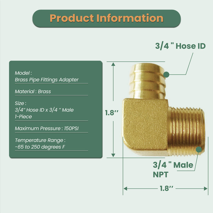 3/4 Hose Barb Elbow Barb Fitting 90 Degree 3/4 Inch Hose ID x 3/4 Inch Male Thread NPT Hose Welding Fitting Brass Fitting Air Hose Fitting 1 Piece