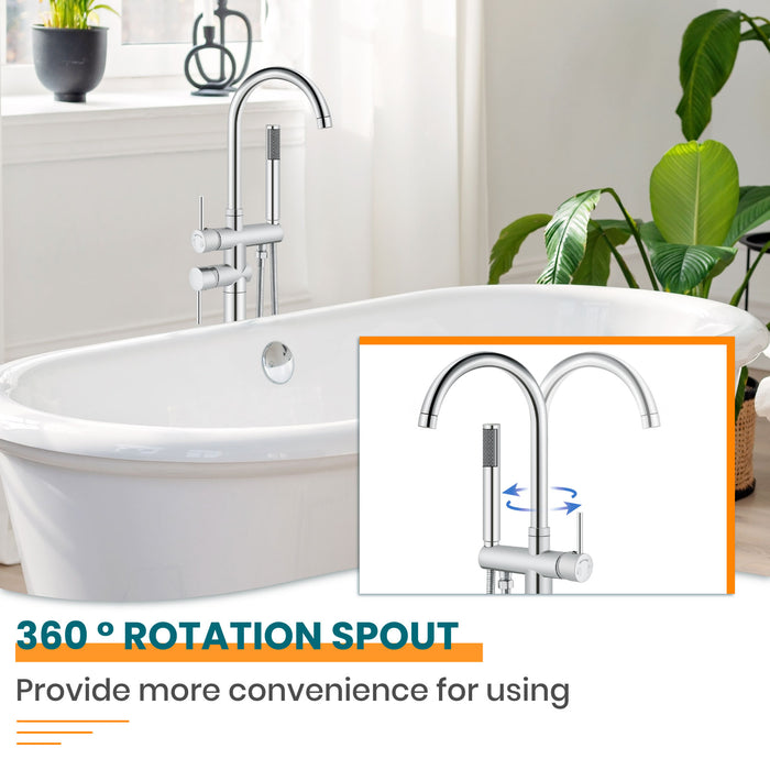 gotonovo Freestanding Tub Faucets Floor Mount Tub Filler, High Flow Free Standing Bathtub Faucet Stand Alone with Handheld Shower and Rough-in Valve,360° Swivel High-Arc Spout,SUS304