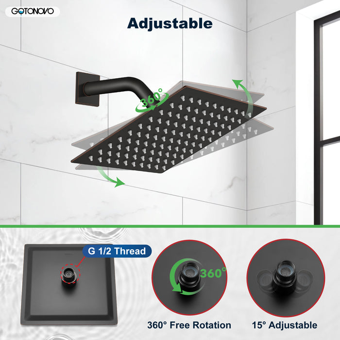 gotonovo 8 Inch Rainfall Showerhead Square Stainless Steel Rain Shower Head High Pressure Waterfall Crackproof Coverage with Silicone Nozzle 1/16" Ultra Thin Design Swivel Connector