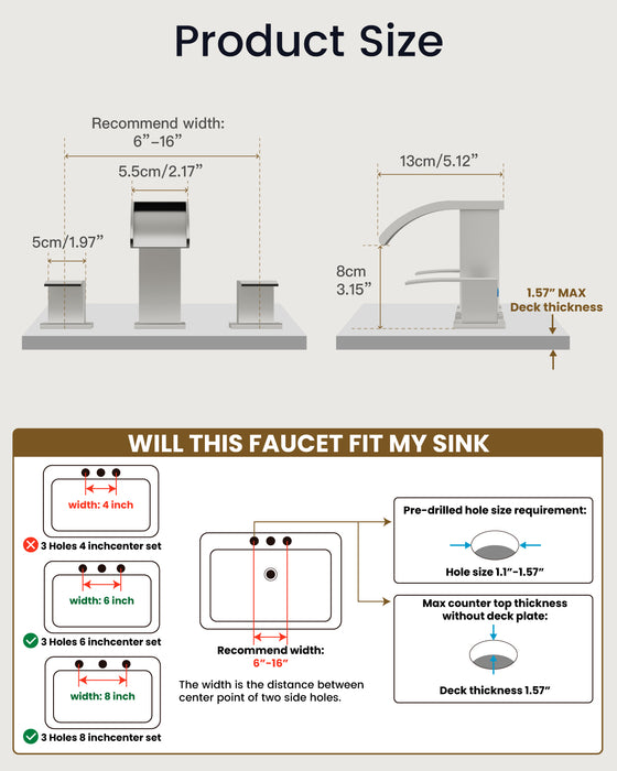 gotonovo Waterfall 8 inch Widespread Bathroom Faucet Set Bathroom Sink Faucet 3 Hole 2 Handle Vanity Lavatory Deck Mount with Pop Up Drain and Water Supply Lines