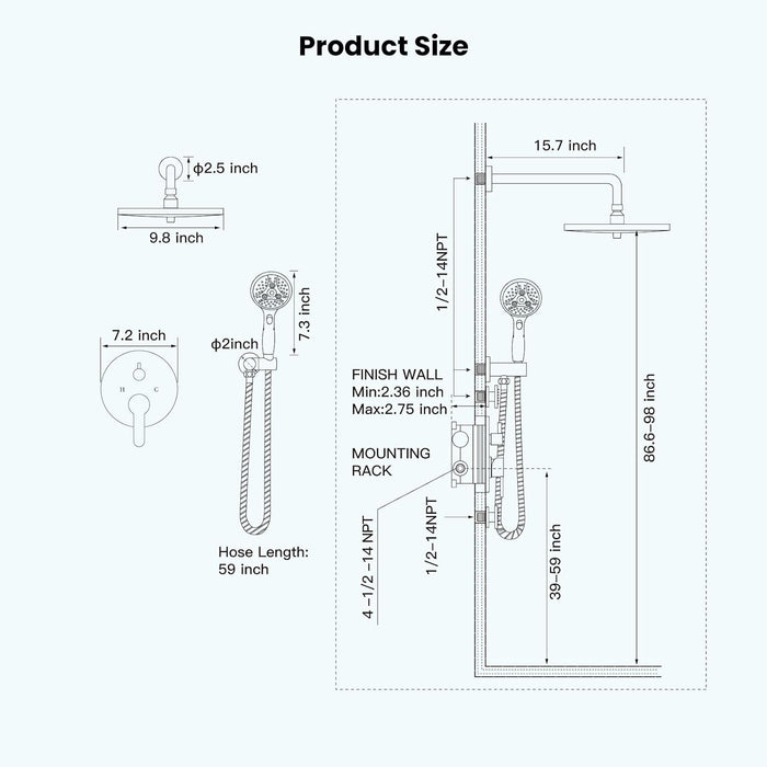 gotonovo Shower Trim Kit 10 inch 3 Modes Round Rainfall Shower Head Wall Mounted 6-Functions ABS Handheld Spray Shower System Pressure Balanced Rough-in Valve and Trim Included