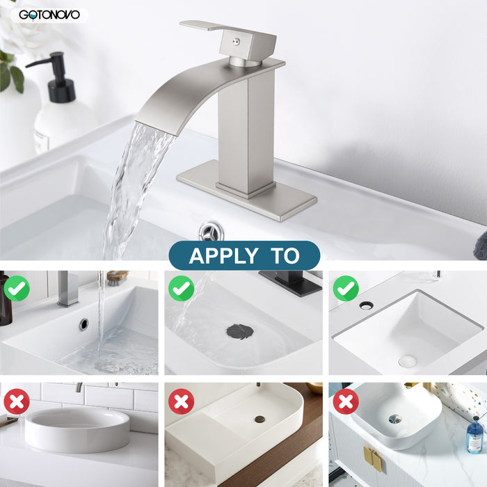 gotonovo Bathroom Sink Faucet Waterfall Spout Deck Mount Single Handle 1 Hole  Deck Plate Pop Up Drain with Overflow with Mixer Tap Lavatory Vanity Sink Faucet Commercial