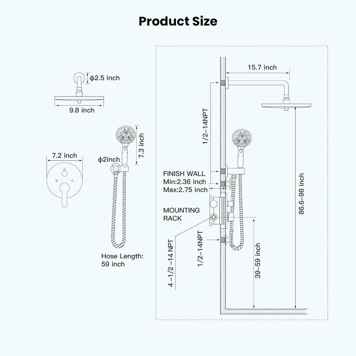 gotonovo Shower Trim Kit 10 inch 3 Modes Round Rainfall Shower Head Wall Mounted 6-Functions ABS Handheld Spray Shower System Pressure Balanced Rough-in Valve and Trim Included