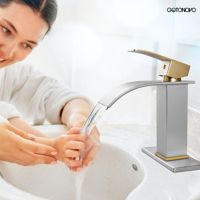 gotonovo Bathroom Sink Faucet Single Handle 1 Hole Waterfall Spout Vanity Sink Faucet Deck Mount Mixer Tap Lavatory with Deck Plate and Pop Up Drain