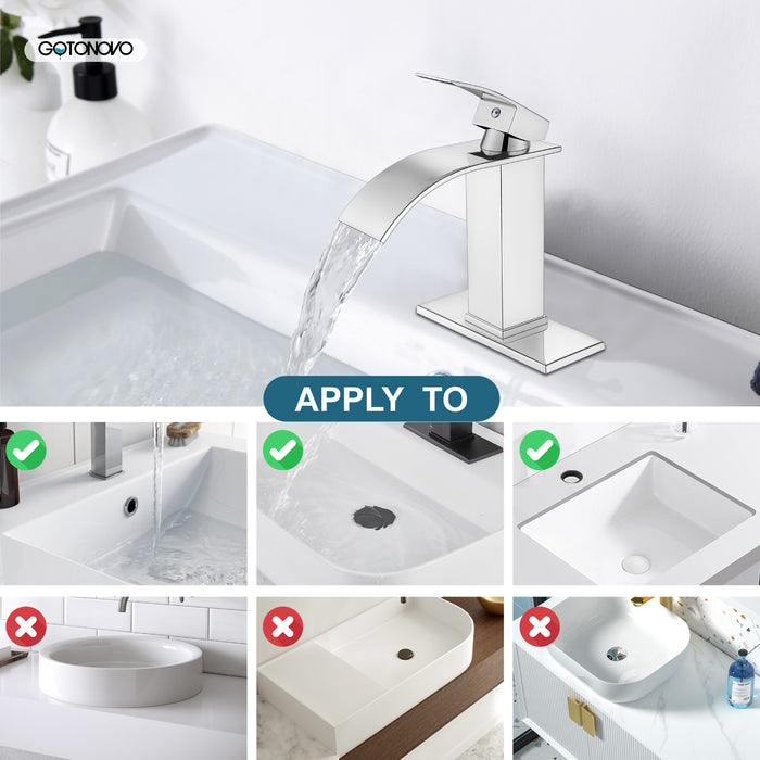 gotonovo Waterfall Bathroom Sink Faucet Single Hole 1 Handle Lavatory Vanity Faucet with Deck Plate Deck Mount Hot & Cold Water Mixer Tap