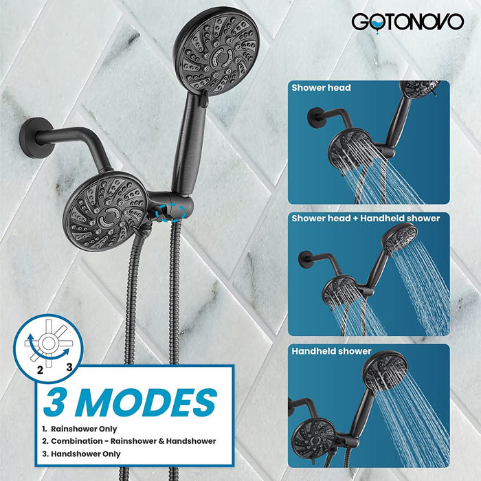 gotonovo 3-way Water Diverter Dual 2 in 1 Shower Head Combo Shower System with 5 Functions Adjustable Handheld Showerhead and Tub Spout Shower Faucet Set(Rough In Valve Included)