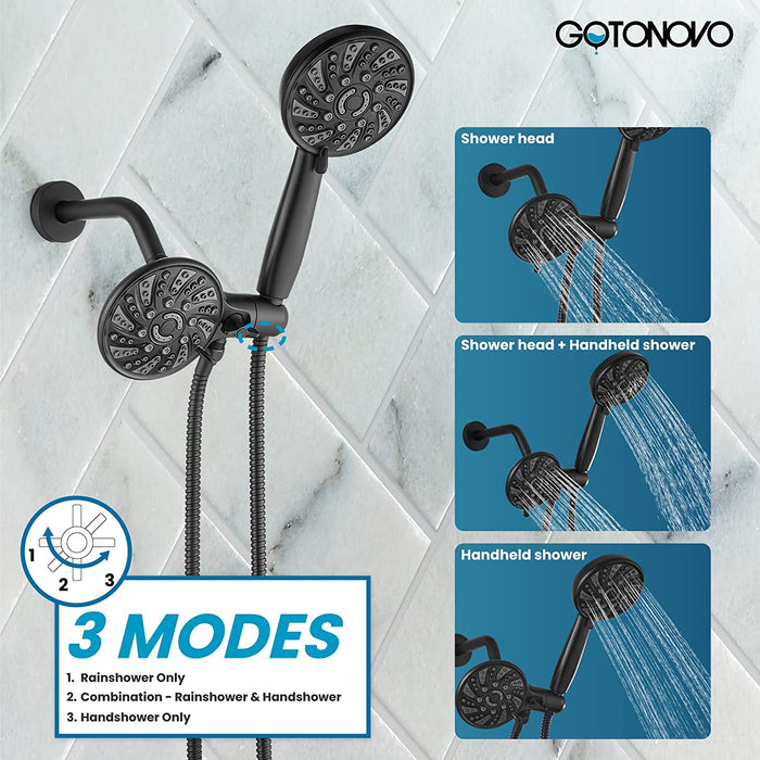 gotonovo 3-way Water Diverter Dual 2 in 1 Shower Head Combo Shower System with 5 Functions Adjustable Handheld Showerhead and Tub Spout Shower Faucet Set(Rough In Valve Included)