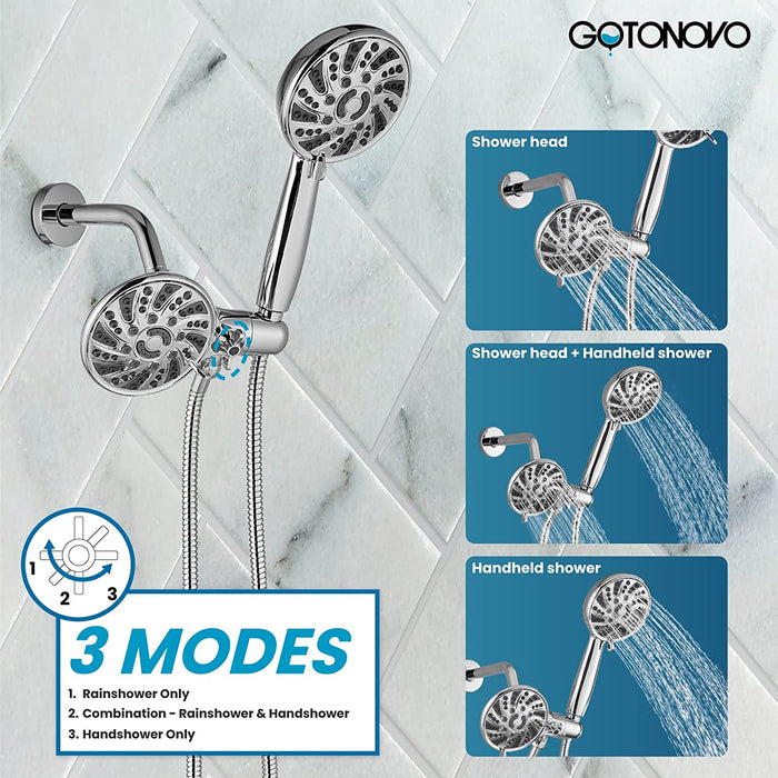 gotonovo 3-way Water Diverter Dual 2 in 1 Shower Head Combo Shower System with 5 Functions Adjustable Handheld Showerhead and Tub Spout Shower Faucet Set(Rough In Valve Included)