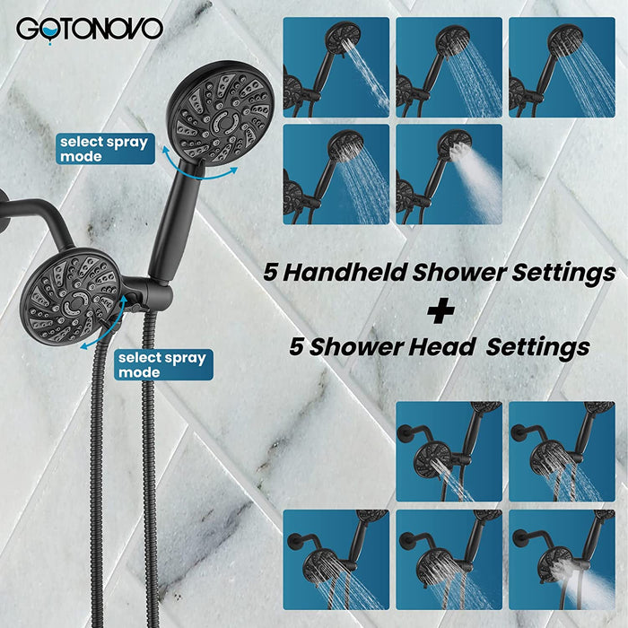 gotonovo 3-way Water Diverter Dual 2 in 1 Shower Head Combo Shower System with 5 Functions Adjustable Handheld Showerhead and Tub Spout Shower Faucet Set(Rough In Valve Included)