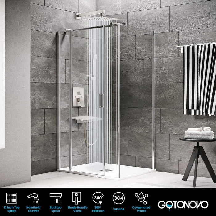 gotonovo Brushed Nickel Rain Mixer Shower Faucet Set Waterfall Tub Spout with 12 inch Square Rainfall Shower Head and Handheld Spray Wall Mounted Rough-in Valve and Trim Included