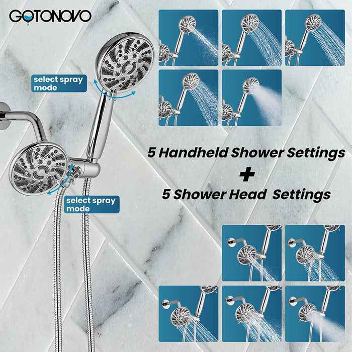gotonovo 3-way Water Diverter Dual 2 in 1 Shower Head Combo Shower System with 5 Functions Adjustable Handheld Showerhead and Tub Spout Shower Faucet Set(Rough In Valve Included)