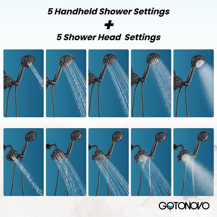 gotonovo 3-way Water Diverter Dual 2 in 1 Shower Head Combo Shower System with 5 Functions Adjustable Handheld Showerhead and Tub Spout Shower Faucet Set(Rough In Valve Included)