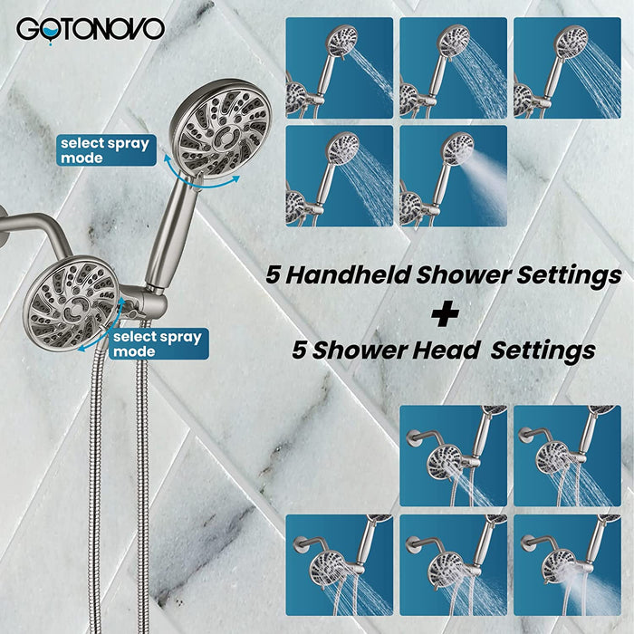 gotonovo 3-way Water Diverter Dual 2 in 1 Shower Head Combo Shower System with 5 Functions Adjustable Handheld Showerhead and Tub Spout Shower Faucet Set(Rough In Valve Included)