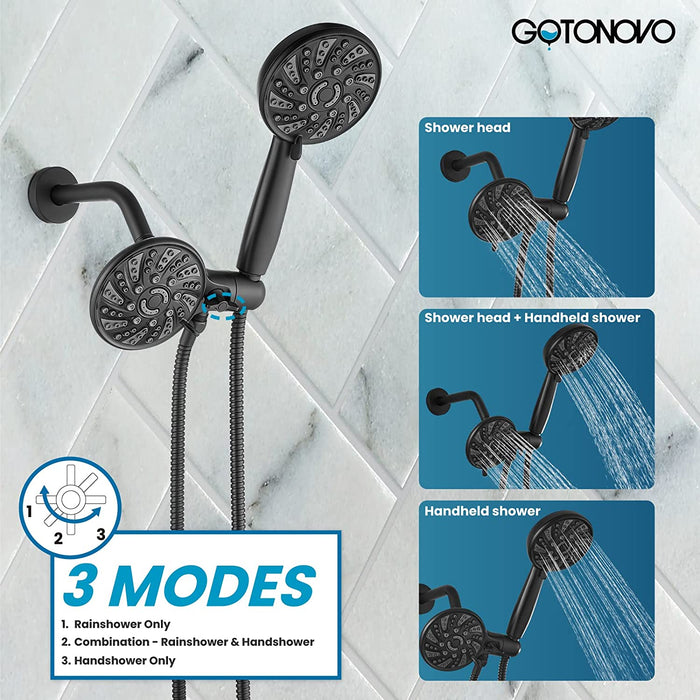gotonovo 3-way Water Diverter Dual 2 in 1 Shower Head Combo Shower System with 5 Functions Adjustable Handheld Showerhead and Tub Spout Shower Faucet Set(Rough In Valve Included)