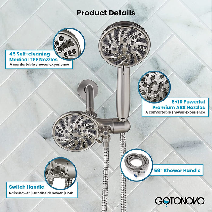 gotonovo 3-way Water Diverter Dual 2 in 1 Shower Head Combo Shower System with 5 Functions Adjustable Handheld Showerhead and Tub Spout Shower Faucet Set(Rough In Valve Included)
