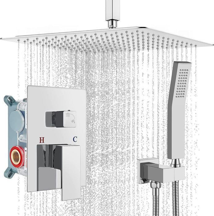 gotonovo Ceiling Mount Rainfall Shower System with Square Shower Head with Handheld shower and Pressure Balance Shower Valve Kit Luxury Rain Mixer Shower Combo Set Bathroom