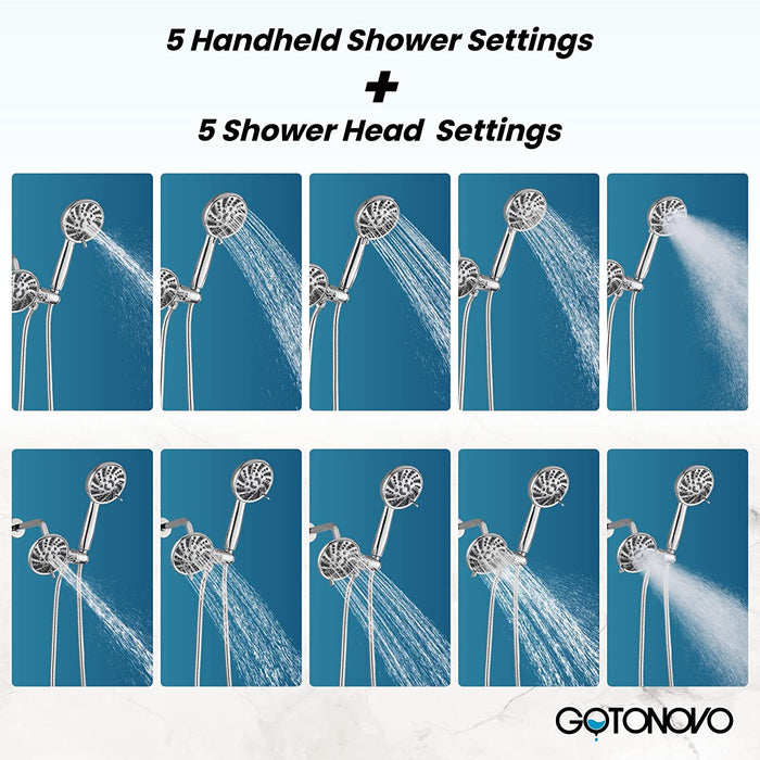 gotonovo 3-way Water Diverter Dual 2 in 1 Shower Head Combo Shower System with 5 Functions Adjustable Handheld Showerhead and Tub Spout Shower Faucet Set(Rough In Valve Included)