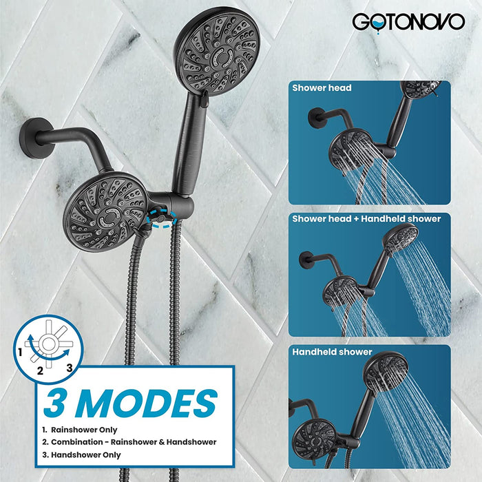 gotonovo 3-way Water Diverter Dual 2 in 1 Shower Head Combo Shower System with 5 Functions Adjustable Handheld Showerhead and Tub Spout Shower Faucet Set(Rough In Valve Included)