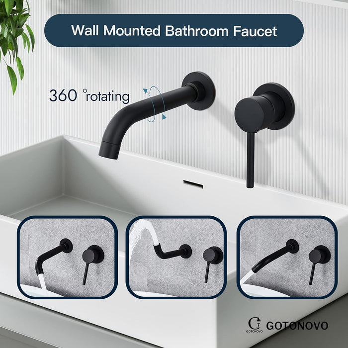 gotonovo Wall Mounted Bathroom Faucet Rough in Valve Included Matte Black Bathroom Sink Faucet Single Lever Handle