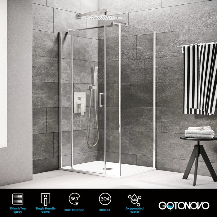 gotonovo Wall Mounted Shower System Brushed Nickel Shower Combo Set with 10 Inches Square Rain Shower Head High Pressure Head Hand Held Pressure Balance Rough-in Valve(Male Thread)