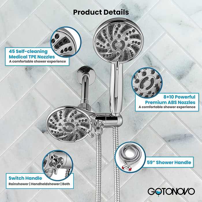 gotonovo 3-way Water Diverter Dual 2 in 1 Shower Head Combo Shower System with 5 Functions Adjustable Handheld Showerhead and Tub Spout Shower Faucet Set(Rough In Valve Included)