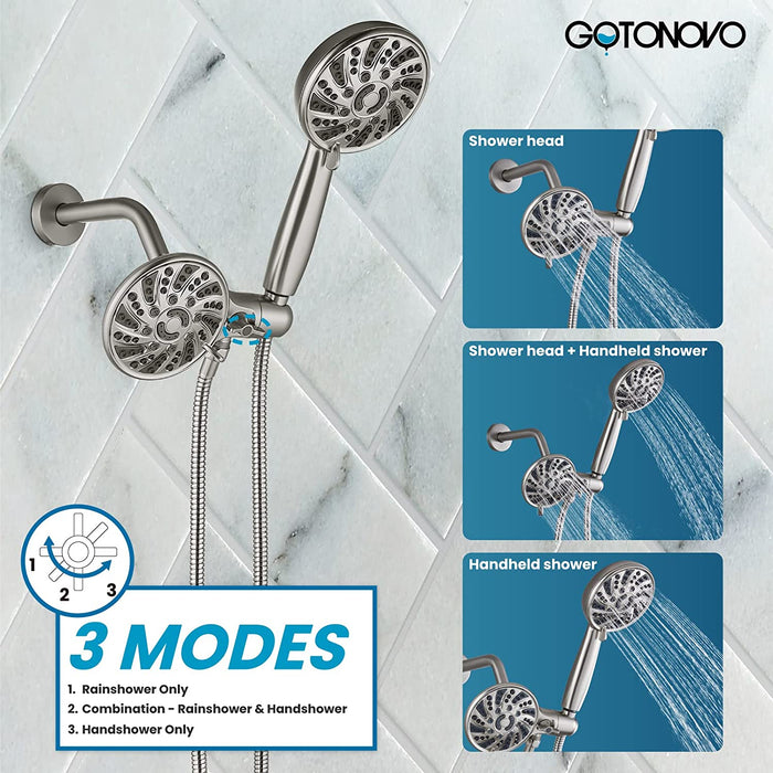 gotonovo 3-way Water Diverter Dual 2 in 1 Shower Head Combo Shower System with 5 Functions Adjustable Handheld Showerhead and Tub Spout Shower Faucet Set(Rough In Valve Included)