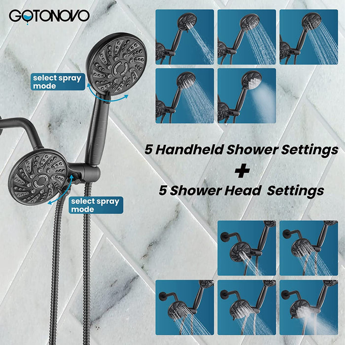 gotonovo 3-way Water Diverter Dual 2 in 1 Shower Head Combo Shower System with 5 Functions Adjustable Handheld Showerhead and Tub Spout Shower Faucet Set(Rough In Valve Included)