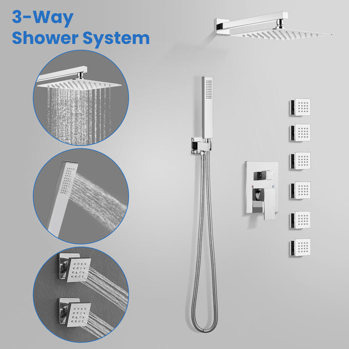 gotonovo Shower Faucet with Full Body Jets Rain Mixer 12 inch Rainfall Shower Head and Handheld Spray Combo Wall Mounted Rough-in Valve and Trim Included with 6pcs Body Message Jets