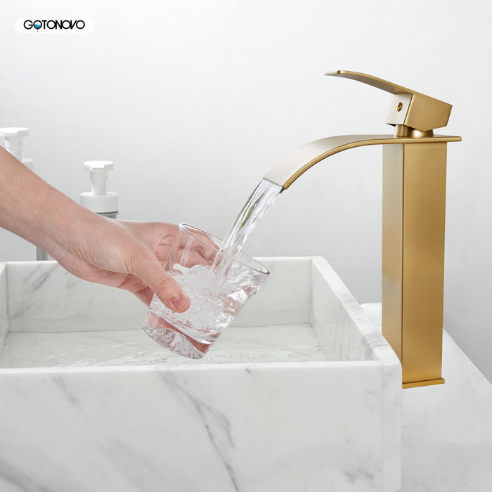 gotonovo Waterfall Bathroom Bowl Vessel Sink Tall Faucet1 Hole Single Handle Lavatory Vanities Mixer Tap Deck Mount with Large Rectangular Spout